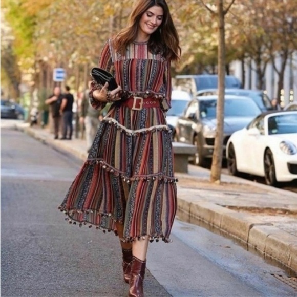 Zara Multicolor Pom Pom Trim Tiered Boho Maxi Dress Size Medium - Picture 4 of 16